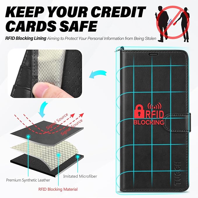 TUCCH Wallet Case for Galaxy S25 Plus with [Wrist Strap] TPU Shockproof Interior Case [RFID Blocking] Stand Card Slot, Magnetic PU Leather Cover Compatible with Galaxy S25 Plus, Black with Wristlet