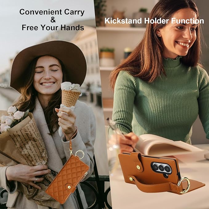 KIHUWEY for Galaxy Z Fold 7 Wallet Case with Card Holder Premium Leather Magnetic RFID Blocking Shockproof Zipper Wrist Strap Lanyard Cover for Samsung Galaxy Z Fold 7 8.0 Inch (Brown)