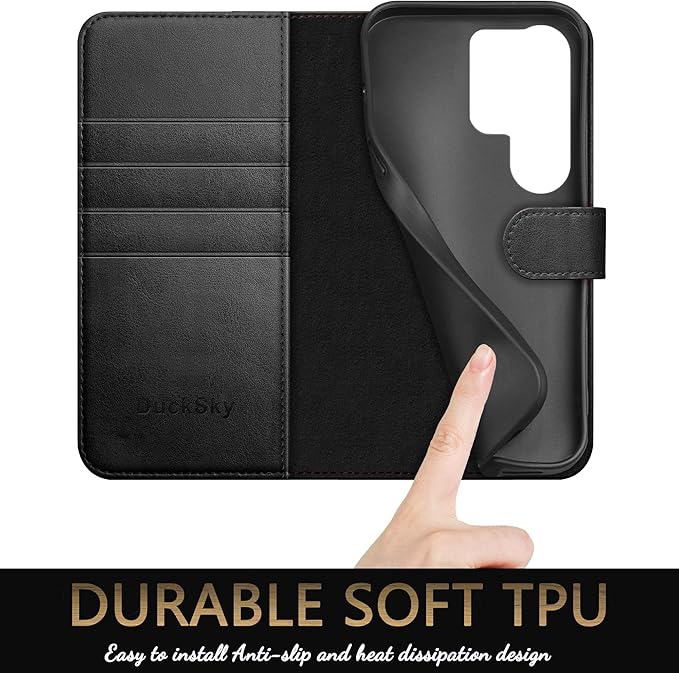 Compatible with Samsung Galaxy S25 Ultra Genuine Leather Wallet case【RFID Blocking】【4 Credit Card Holder】【Real Leather】 Flip Folio Book Phone case Cover Women Men for S25 Ultra case Black