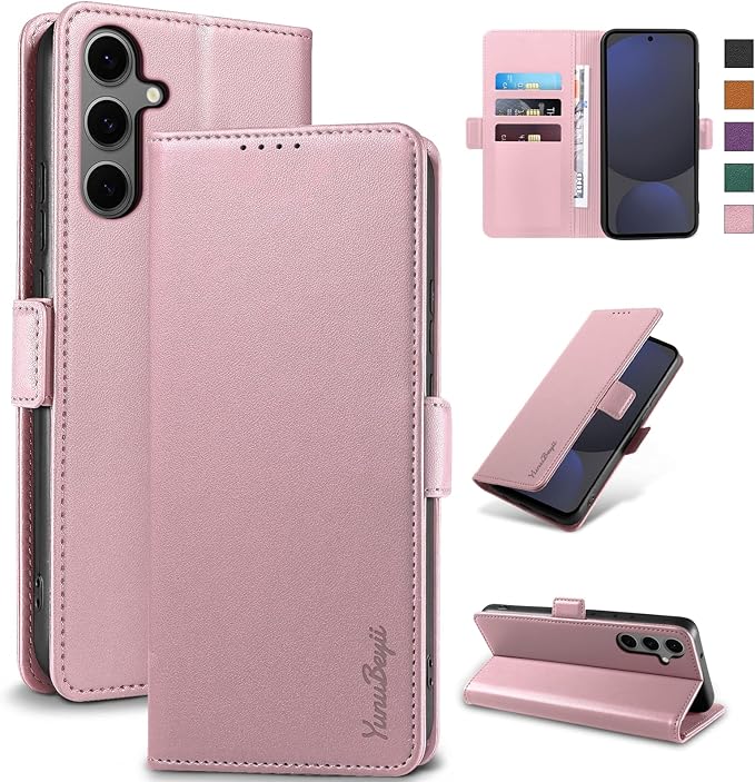 Wallet Flip Case for Samsung Galaxy S24 FE 5G - [RFID Blocking] Luxury PU Leather Card Holder Magnetic Phone Cover with Kickstand,Shockproof Protective Case,Pink