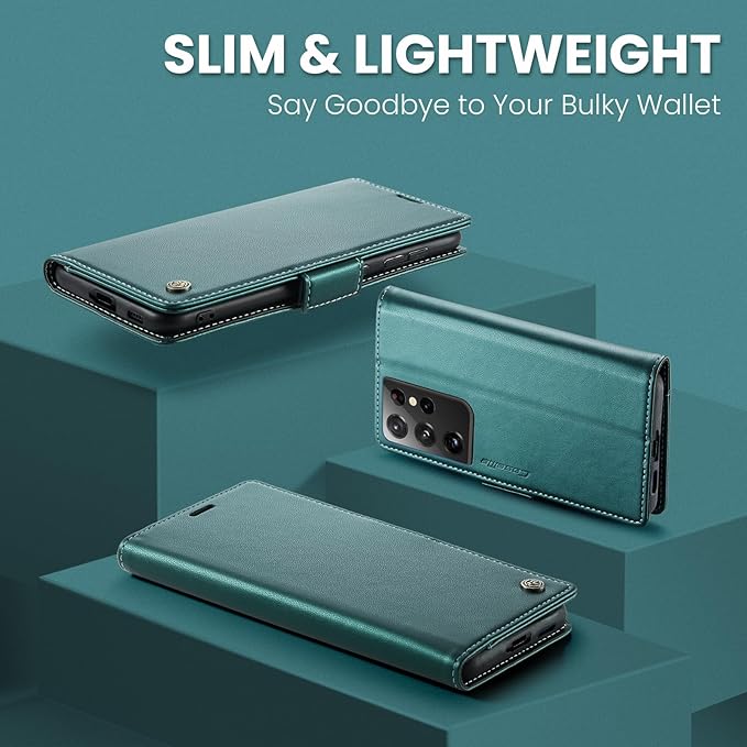 AUPAI for Samsung Galaxy S21 Ultra Wallet Case with Credit Card Holder, PU Leather RFID Blocking Folio Flip Kickstand Magnetic Clasp Protective Phone Cover for Women Men Cyan