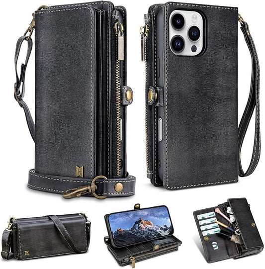 for iPhone 16 Pro Max Wallet Phone Case with 8 Card Holder,RFID Blocking | PU Leather | Kickstand | Flip | Wrist Strap&Shoulder Strap | Shockproof | Zipper Wallet | Women Men | 6.9" | Black