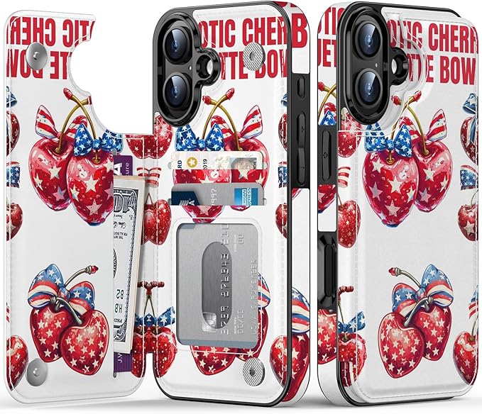 FUNMIKO for iPhone 16 Wallet Case with Card Holder, RFID-Blocking, Military-Grade Protection & UV-Printed Artwork, Magnetic Closure with Leather Kickstand - Cherries with Bow