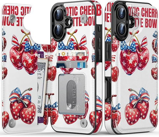 FUNMIKO for iPhone 16 Wallet Case with Card Holder, RFID-Blocking, Military-Grade Protection & UV-Printed Artwork, Magnetic Closure with Leather Kickstand - Cherries with Bow