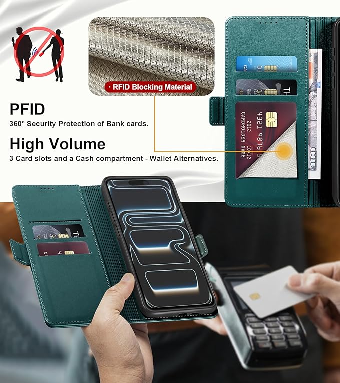 Wallet Flip Case for iPhone 17 Pro 5G - [RFID Blocking] Luxury PU Leather Card Holder Magnetic Phone Cover with Kickstand,Shockproof Protective Case,Green