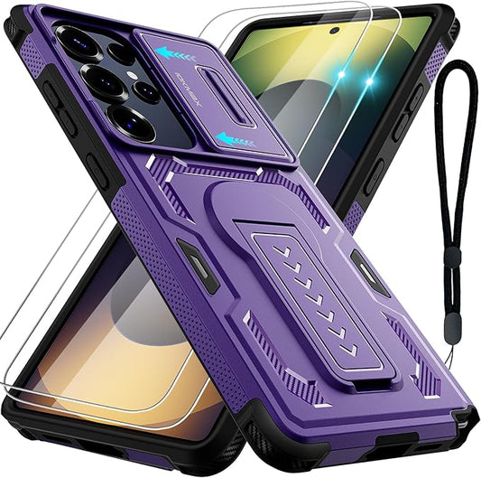 for Samsung Galaxy S25 Ultra Case with 2*Screen Protector, Slide Camera Cover, Kickstand, Lanyard Strap,Military Grade Shockproof Protective Heavy Duty Non-Slip for S25 Ultra Case-6.9'', Purple