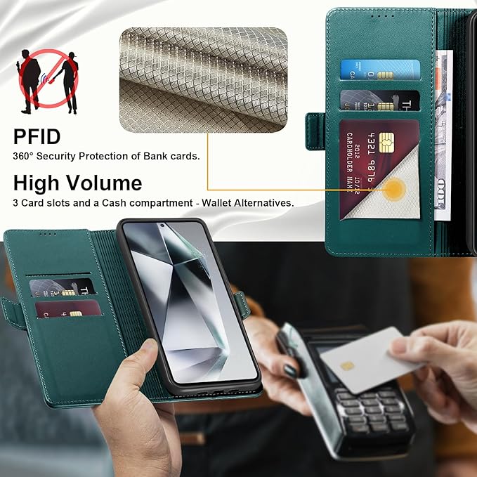 Wallet Flip Case for Samsung Galaxy S25 Ultra 5G - [RFID Blocking] Luxury PU Leather Card Holder Magnetic Phone Cover with Kickstand,Shockproof Protective Case,Green