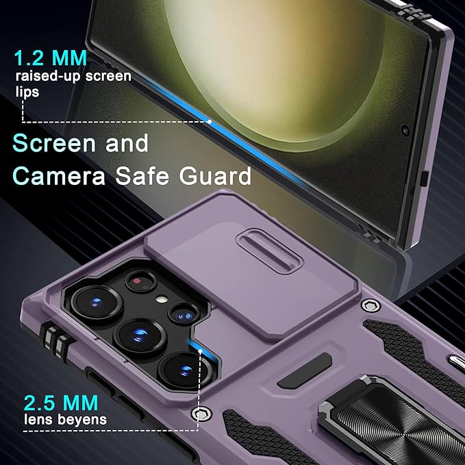 DEERLAMN Case for Samsung Galaxy S25 Ultra with Slide Camera Cover+Screen Protector (1 Pack), Rotated Ring Kickstand Military Grade Shockproof Protective Cover-Deep Purple