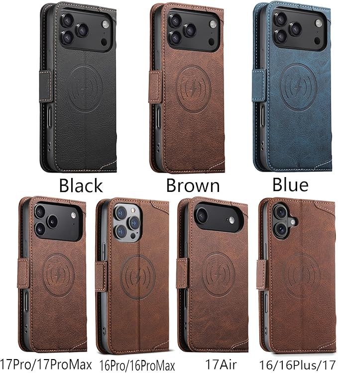 Leather Magnetic Wallet Case for iPhone 17 Compatible with MagSafe & Wireless Charging, 3 Card Slots & ID Holder, Kickstand, 360° Military Shockproof Protection Premium Brown