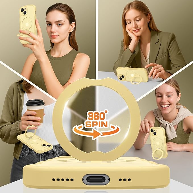 for iPhone 15 Plus Case for Women,[Compatible with Magsafe][360° Spin Magnetic Stand][Cute Wave Edge][Military-Grade Protection]Translucent Matte Phone Case for iPhone 15 Plus, Jasmine Yellow