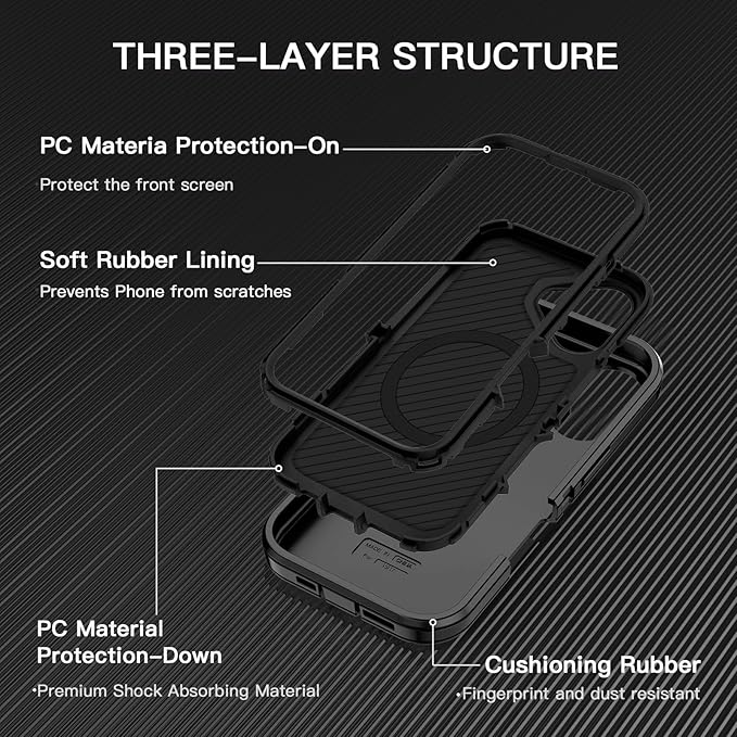 for iPhone 17 Case [Compatible with MagSafe] Shockproof 3-Layer Full Body Protection [Without Screen Protector] Rugged Heavy Duty Cover Case for Apple iPhone 17 6.3" 2025,Black