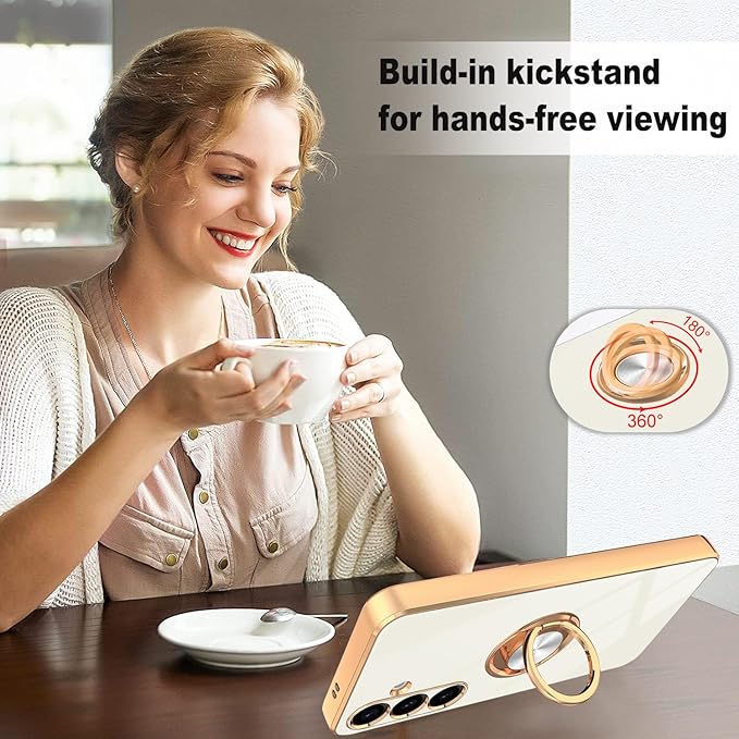 Dinick White for Samsung Galaxy S24 Case with Ring Holder Kickstand [with Magnetic] Soft TPU Bumper, Glitter Gold Electroplated Cover Slim Thin Protective Phone Case for Galaxy S24