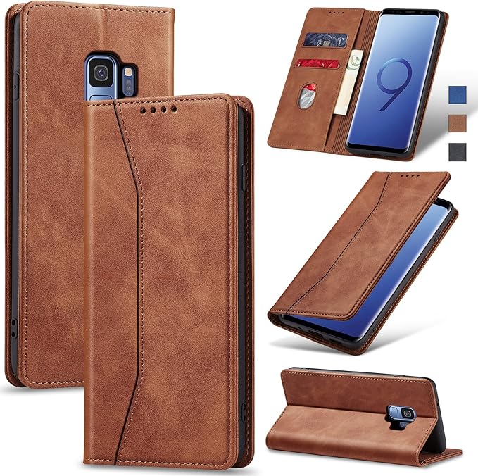 Jasonyu Flip Wallet Case for Samsung Galaxy S9,Leather Magnetic Folio Cover with Card Holder,Kickstand - TPU Shockproof Durable Protective Phone Case,Brown