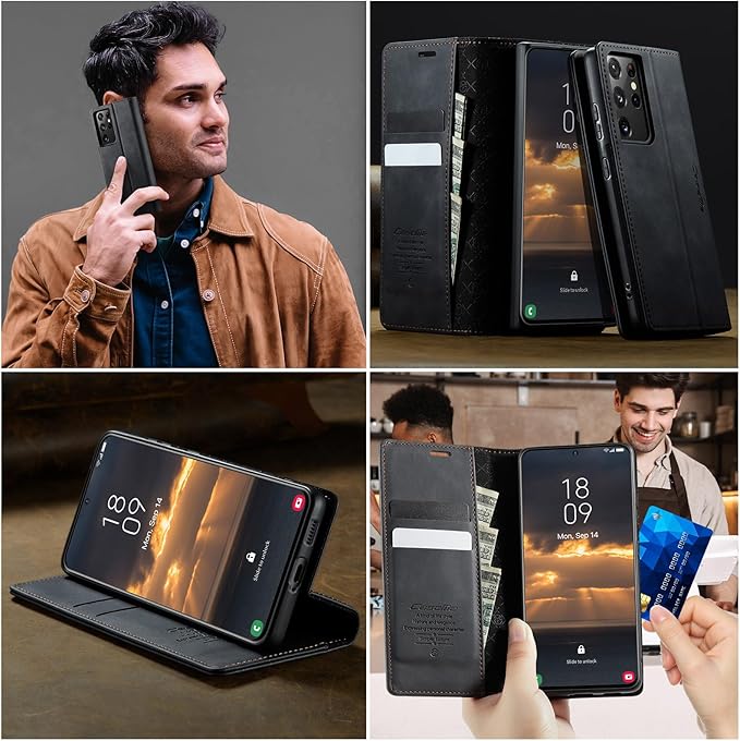 Wallet Case for Samsung Galaxy S21 Ultra Leather Wallet Flip Cover with Card Holder, Kickstand, Magnetic Closure, RFID Blocking TPU Shockproof Phone Case Compatible with S21 Ultra, Black