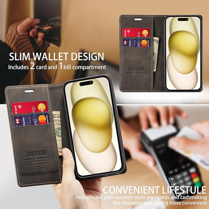 japezop iPhone 15 5G Wallet Case with [RFID Blocking],Card Holder Kickstand Magnetic,Leather Flip Case Wallet for iPhone 15 5G 6.1 Inch(Coffee)