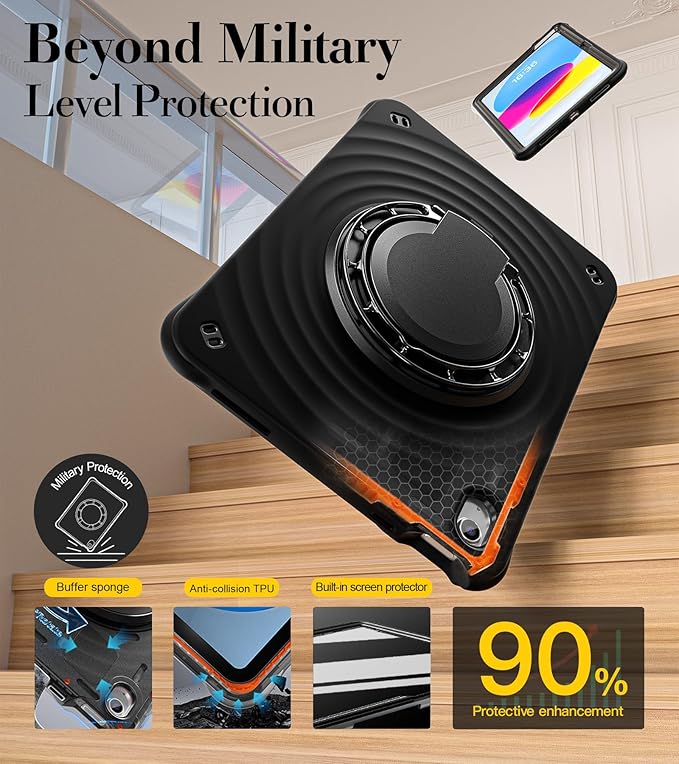 BRAECN Ripple Case for iPad (A16)11th/10th Generation 11/10.9 inch 2025/2022 Zinc Alloy Handle Ring Stand Protective Heavy Duty Screen Protector 360°Rotating 180°Folding Shoulder Strap Full-Body Cover