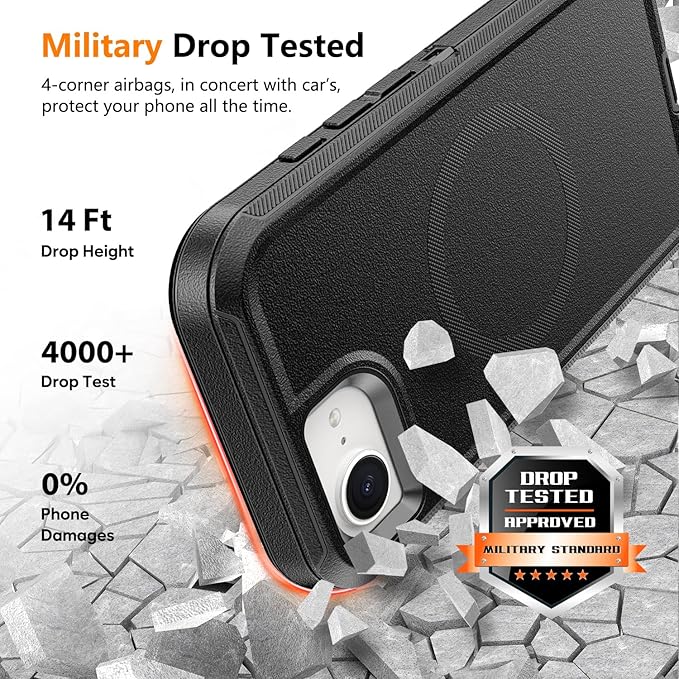 for iPhone 16e Case with Belt Clip Holster, Anti-Shock, Anti-Slip, Compatible with MagSafe, 3-Layer Drop Protection, Heavy Duty Magnetic Phone Case Cover for 16e, 6.1", Black