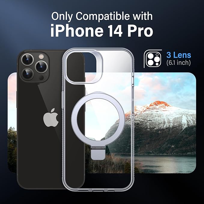 Magnetic Case for iPhone 14 Pro - [Built-in Invisible Stand] [Compatible with MagSafe] [Military Grade Drop Protection] Anti-Yellowing Hard Back Silicone Edge Cover, 6.1", Clear