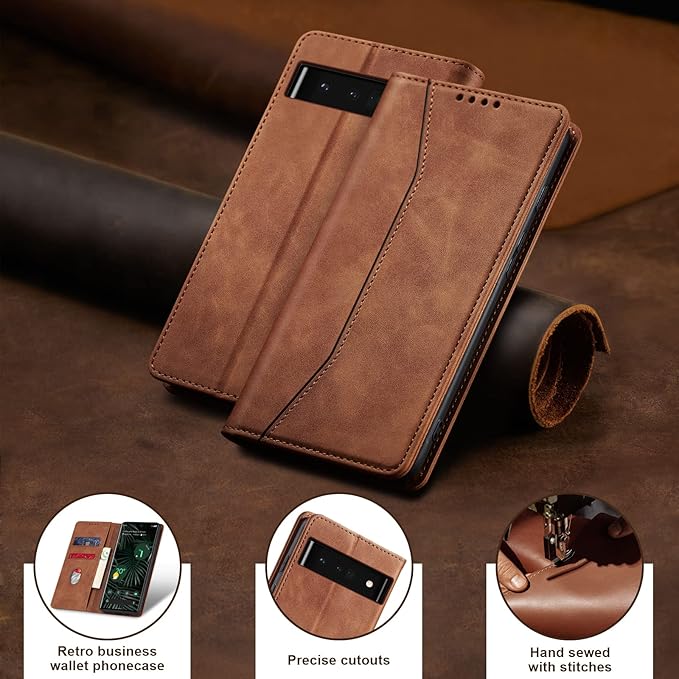 Jasonyu Flip Wallet Case for Google Pixel 6 Pro 5G,Leather Magnetic Folio Cover with Card Holder,Kickstand - TPU Shockproof Durable Protective Phone Case,Brown