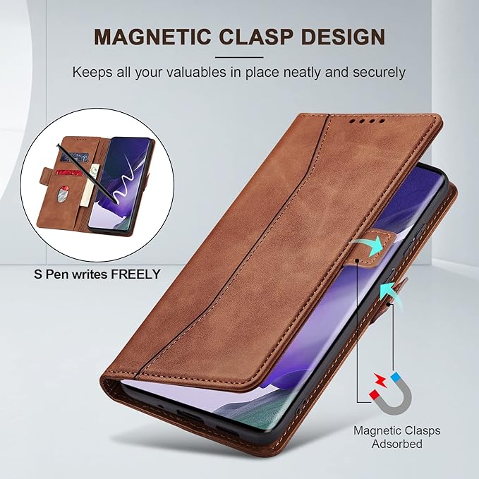 Jasonyu Flip Wallet Case for Samsung Galaxy Note 20 Ultra,Leather Magnetic Folio Cover with Card Holder,Kickstand - TPU Shockproof Durable Protective Phone Case,Brown