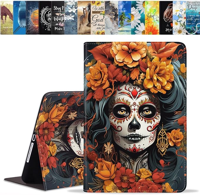 Case for Samsung Galaxy Tab A9 Plus 11 Inch 2023 Model (SM-X210/X216/X218), Slim Lightweight PU Leather Stand Cover with Auto Wake/Sleep, Sugar Skull Girl Flowers
