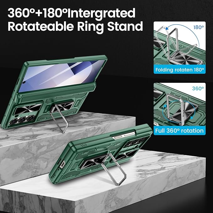 VEGO for Galaxy Z Fold 6 Case with Belt Clip Holster, 360°Ring Magnetic Kickstand & Camera Cover & Front Screen Protector & Hinge Protection Shockproof Armor Case for Samsung Z Fold 6 - Green