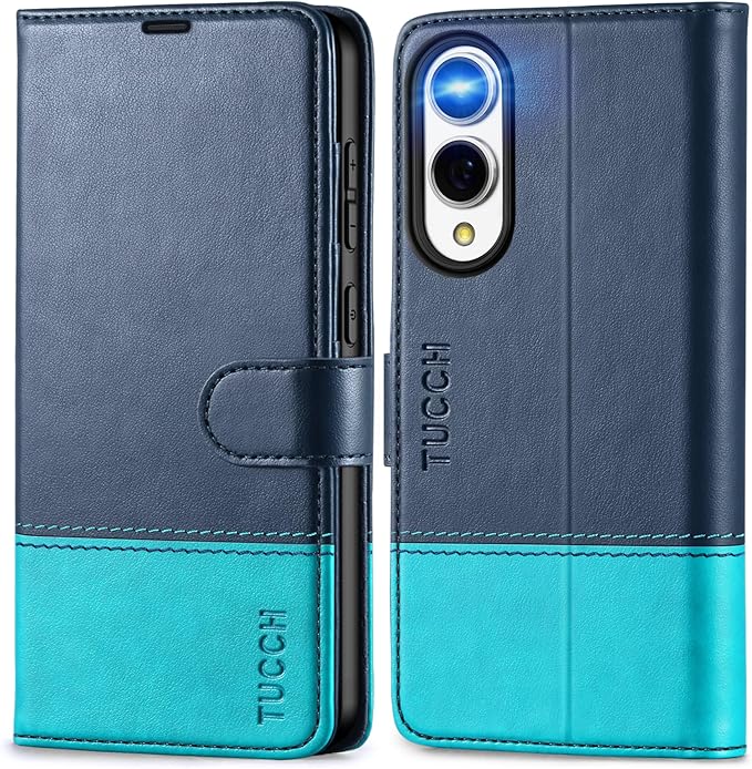 TUCCH Wallet Case for Galaxy S25 Edge 5G, Magnetic PU Leather Kickstand [RFID Blocking] 4 Card Slots Folio Cover with TPU Shockproof Inner Shell Compatible with Galaxy S25 Edge 6.7", Blue & Lake Blue