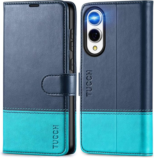TUCCH Wallet Case for Galaxy S25 Edge 5G, Magnetic PU Leather Kickstand [RFID Blocking] 4 Card Slots Folio Cover with TPU Shockproof Inner Shell Compatible with Galaxy S25 Edge 6.7", Blue & Lake Blue