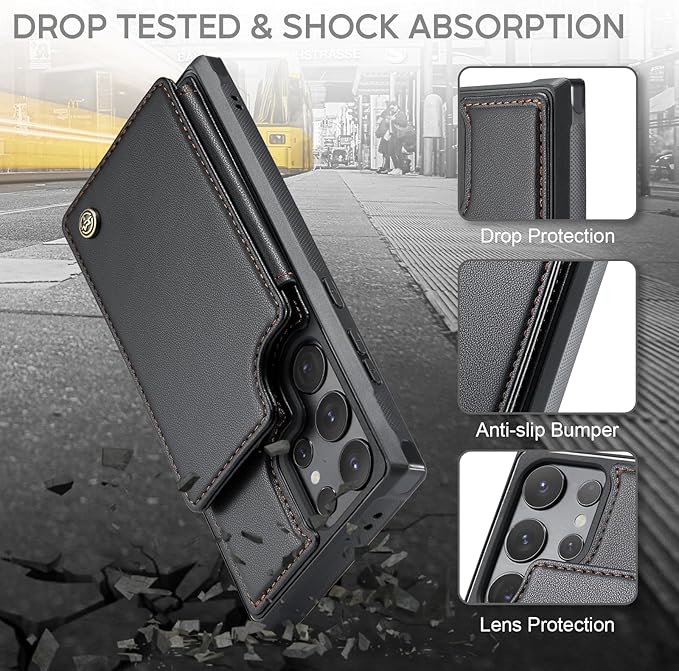 Vinich for Samsung Galaxy S24 Ultra Wallet Case with Card Holder, RFID Blocking Credit Slots Kickstand Shockproof Phone Cover for Women Men, Black