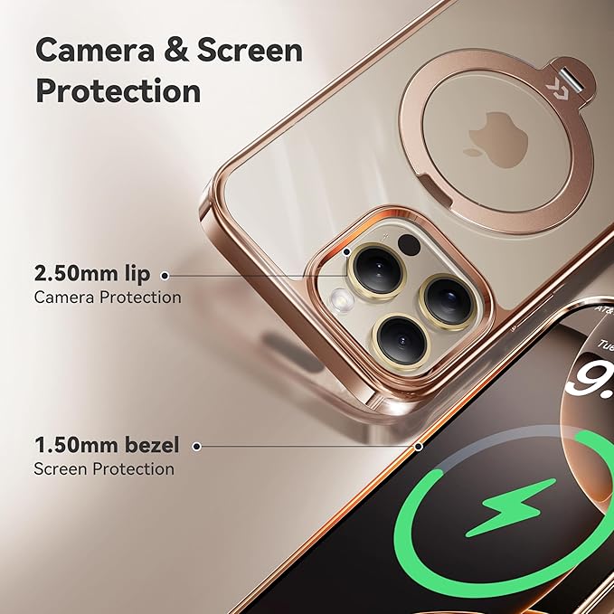CASEKOO Desert Titanium for iPhone 14 Pro Max Case with 360° Spin Magnetic Stand [Compatible with Magsafe][16FT Military Protection] Polished Clear for iPhone 14 ProMax Case Ring 6.7'', Rose Gold