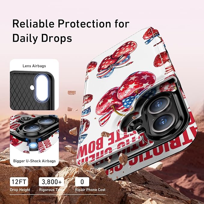 FUNMIKO for iPhone 16 Plus Wallet Case with Card Holder, RFID-Blocking, Military-Grade Protection & UV-Printed Artwork, Magnetic Closure with Leather Kickstand - Cherries with Bow