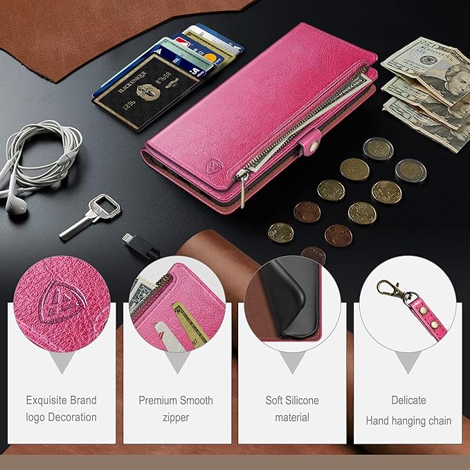 XcaseBar Compatible with Samsung Galaxy S25 Wallet case with Zipper Credit Card Holder【RFID Blocking】,Flip Folio Book PU Leather Phone case Shockproof Cover Women Men for Samsung S25 case Rose Red