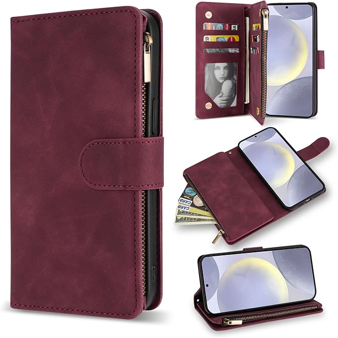 ZZXX for Samsung Galaxy S24 Plus Wallet Case with RFID Blocking Card Slot PU Leather Zipper Flip Folio with Strap Kickstand Protective Cover for Samsung Galaxy S24+ Case Wallet(Wine Red-6.7 inch)