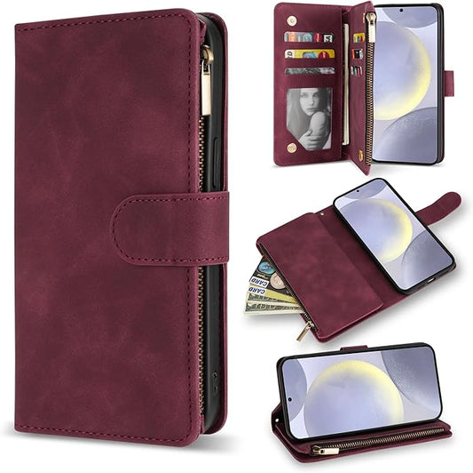 ZZXX for Samsung Galaxy S24 Plus Wallet Case with RFID Blocking Card Slot PU Leather Zipper Flip Folio with Strap Kickstand Protective Cover for Samsung Galaxy S24+ Case Wallet(Wine Red-6.7 inch)