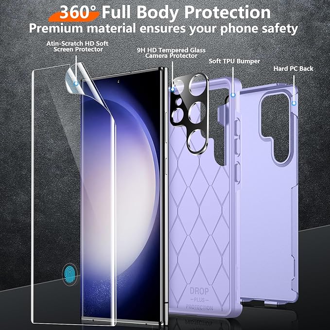 Red2Fire for Samsung Galaxy S23 Ultra Case, [Military Grade Drop Protection] Non-Slip Heavy Duty Full Body Shockproof Protection Phone Case for S23 Ultra Case 6.8 inch, Light Purple