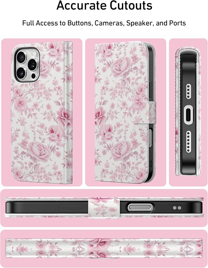 DEENAKIN for iPhone 16 Pro Max Wallet Case with Card Holder + Cash Clip, RFID-Blocking, Military-Grade Drop Protection, Magnetic Closure with Leather Kickstand - Blooming Pink Roses