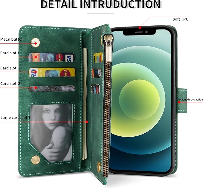 ZZXX for iPhone 12 Mini Wallet Case with Card Slot Premium Soft PU Leather Zipper Flip Folio Wallet with Wrist Strap Kickstand Protective for iPhone 12 Mini Case Wallet(Green 5.4 inch)