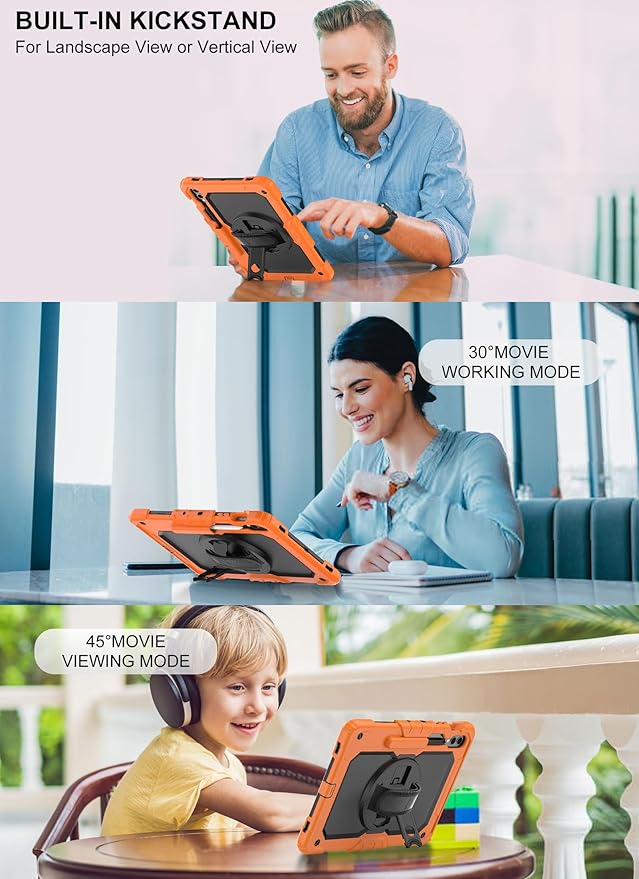 Tablet Case Compatible with Samsung Galaxy Tab S10 Plus 2024/S9 FE+/S9 Plus 5G Case 12.4-inch 2023,with Tempered Glass Screen Protector,Rotating Kickstand, Shoulder Strap (Orange)