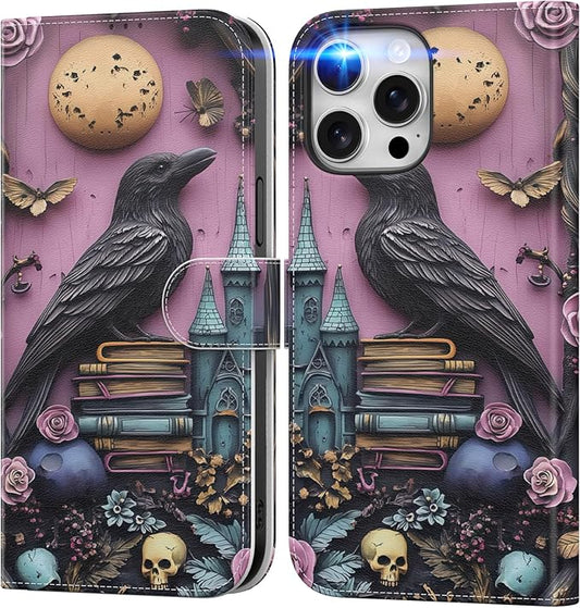 DEENAKIN for iPhone 15 Pro Wallet Case with Card Holder + Cash Clip, RFID-Blocking, Military-Grade Drop Protection, Magnetic Closure with Leather Kickstand - Gothic Skull & Raven
