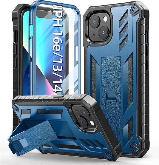 for iPhone 13/14 Protective Case: for iPhone 16e Cover with Built-in Kickstand | Heavy Duty Military Grade Hard Protection Shock Proof | Durable Dual-Layer Design Blue