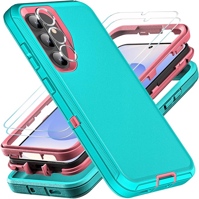 for Samsung Galaxy S25 Case, ONLY, [NOT FIT Galaxy S25 Edge/S25 Plus/S25 Ultra], Military Grade Case with 2Pcs Tempered Glass Screen Protector & 1Pcs Camera Lens Protector (Aqua Blue/Pink)