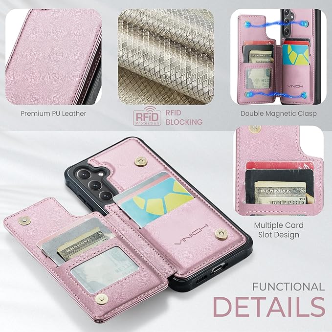 Vinich for Samsung Galaxy S24 FE Wallet Case with Card Holder, RFID Blocking Credit Slots Kickstand Shockproof Phone Cover for Women Men, Pink