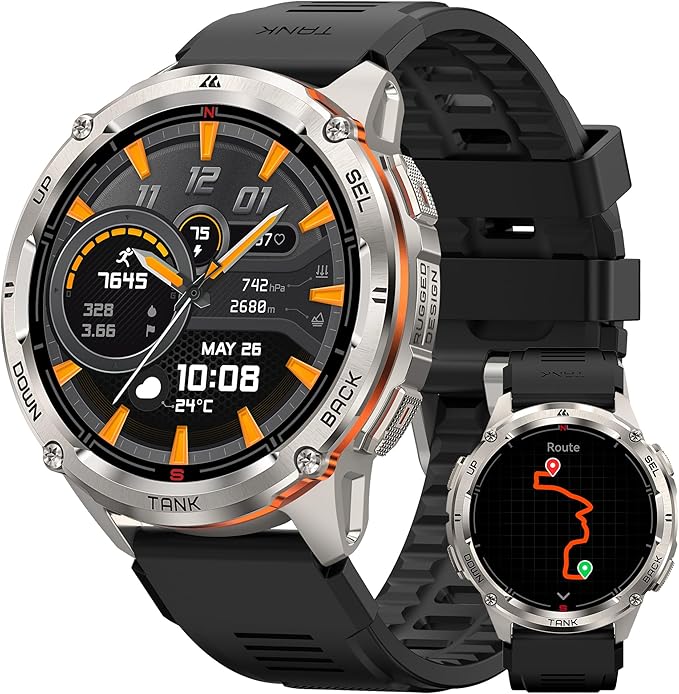 KOSPET Tank T3 Ultra 2 Smart Watch GPS for Men, 5ATM Waterproof, Pressure&Altitude&Compass, Extra-Large Battery, Full Metal Body Rugged Military Smartwatch Bluetooth Calling-1.43” AMOLED Display