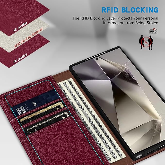 ZZXX for Samsung Galaxy S25 Ultra Wallet Case with [RFID Blocking] Card Slot Stand Strong Magnetic Leather Flip Fold Protective Phone Case for Samsung Galaxy S25 Ultra Case Wallet(Wine Red-6.8 inch)