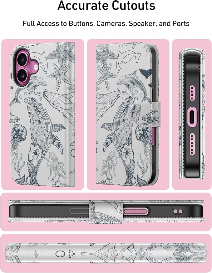 DEENAKIN for iPhone 16 Wallet Case with Card Holder + Cash Clip, RFID-Blocking, Military-Grade Drop Protection, Magnetic Closure with Leather Kickstand - Dynamic Marine Life