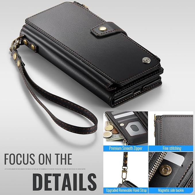 Vinich for Samsung Galaxy Z Fold 7 Wallet Case with Card Holder, Detachable Strap RFID Blocking Credit Slots Kickstand Shockproof Phone Cover for Women Men, Black