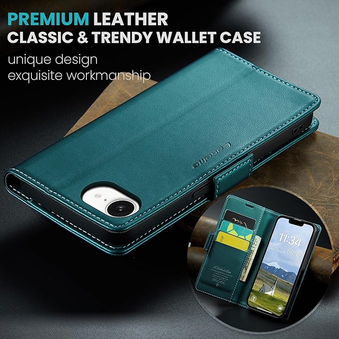 for Apple iPhone 16e Case, Premium PU Leather Wallet Case Flip Cover with [RFID Blocking][Card Holder][Stand Function] Shockproof Protective for iPhone 16E 6.1", Blue-Green