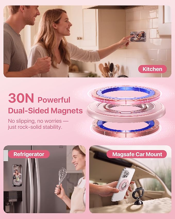 andobil [2025 3rd Gen] Magnetic Phone Grip for MagSafe [360° Rotatable & Ultra-Stable] Two-Sided Magnet Cell Phone Ring Holder Compatible with MagSafe Accessories, iPhone 17 Air 16 15 14 Pro Max, Pink