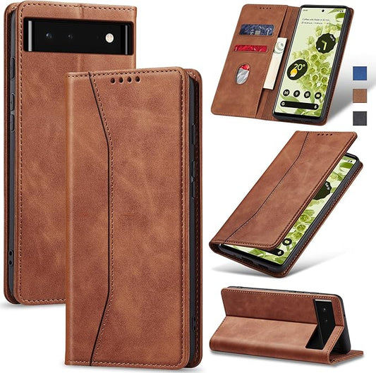 Jasonyu Flip Wallet Case for Google Pixel 6 5G,Leather Magnetic Folio Cover with Card Holder,Kickstand - TPU Shockproof Durable Protective Phone Case,Brown