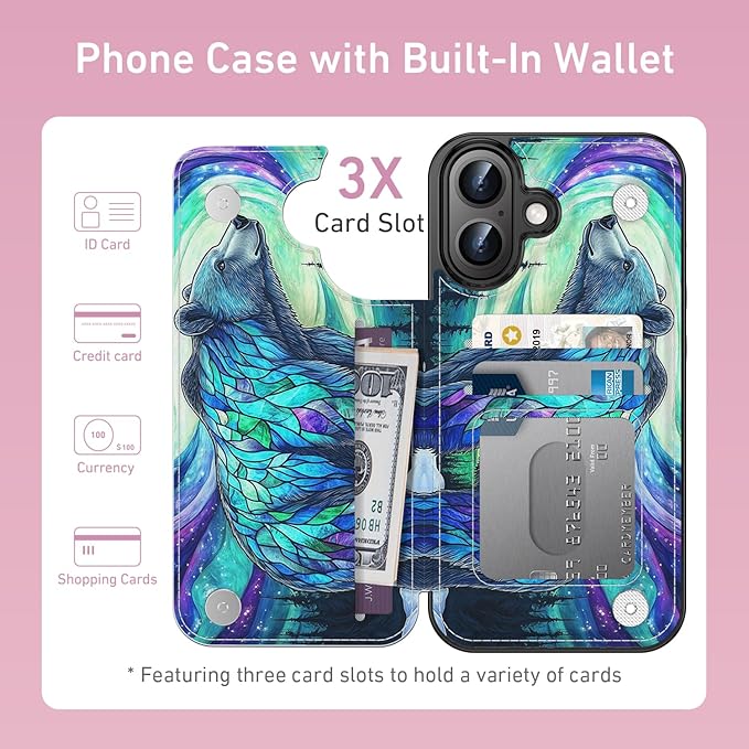 FUNMIKO for iPhone 16 Wallet Case with Card Holder, RFID-Blocking, Military-Grade Protection & UV-Printed Artwork, Magnetic Closure with Leather Kickstand - Prismatic Aurora Bear